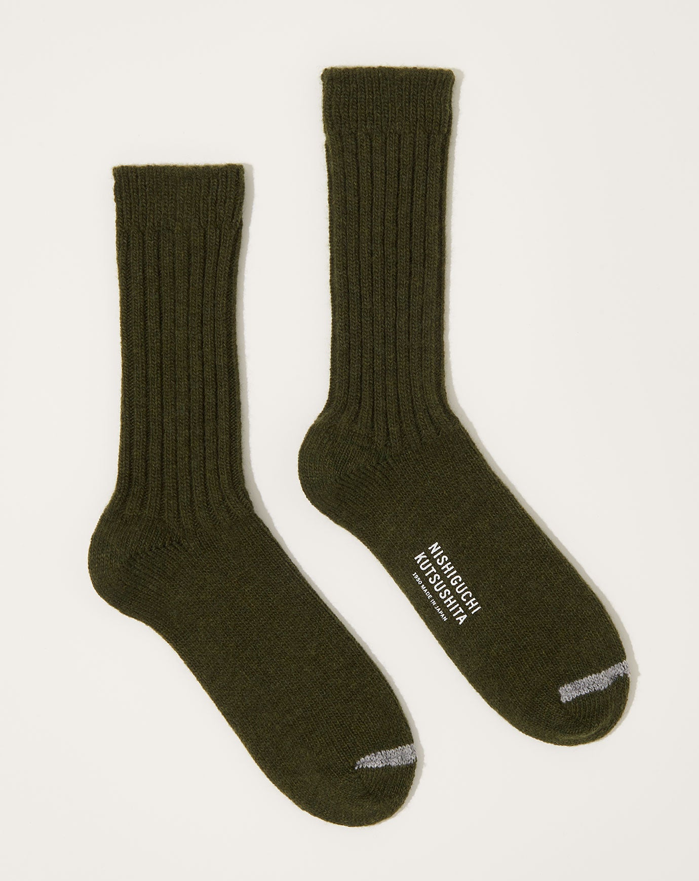 Nishiguchi Kutsushita Wool Ribbed Socks in Khaki