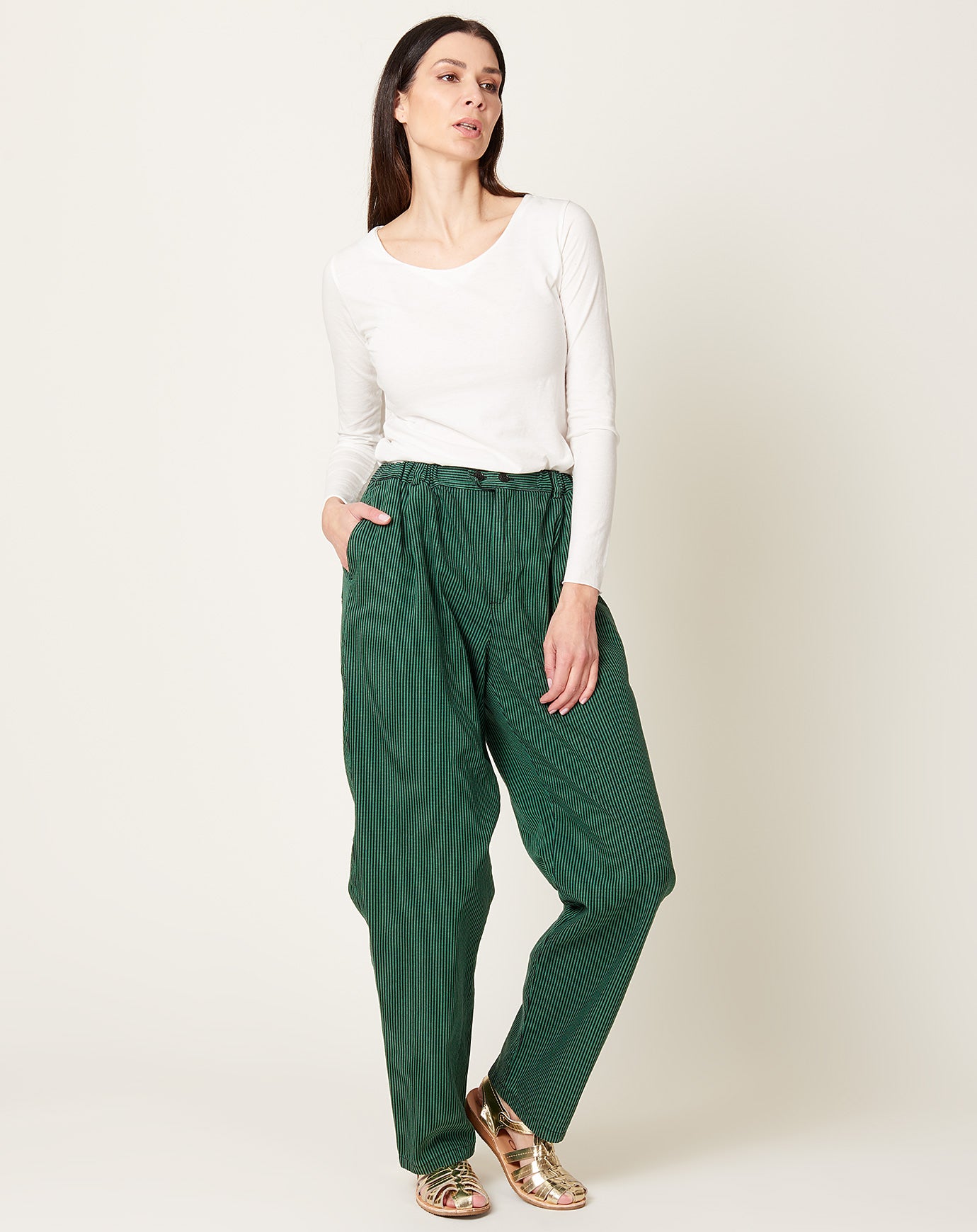 Sultan Wash Striped Butcher Baggy Pant in Faded Green